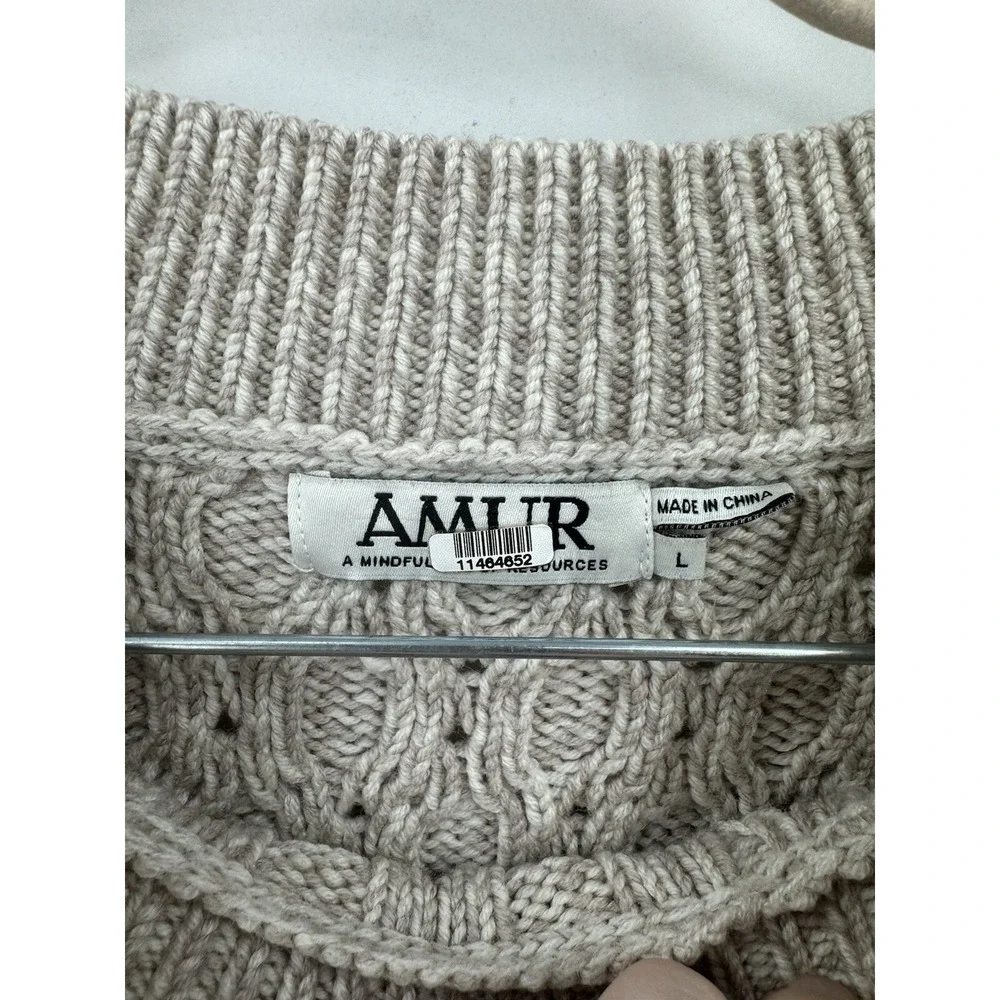 Amur Sweater Women Large Gray Cable Knit Western Fringe Fisherman‎ Sweater Wool